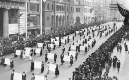 Women's suffragists parade in New York City in 1917.  The right of women to vote in the US, was established over nationally in 1920.